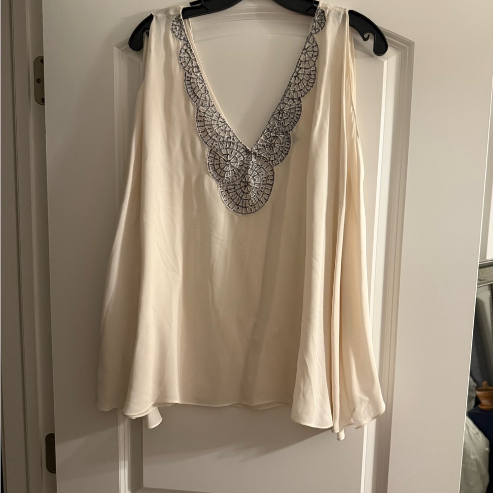 BCBGMaxAzria Cream V-Neck Blouse with Sequin V Neck Accent